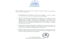 Este es el comunicado emitido por el diputado, Tony Hernández, con el membrete del Congreso Nacional.