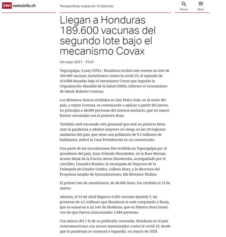 Vacunas Covid-19 Honduras