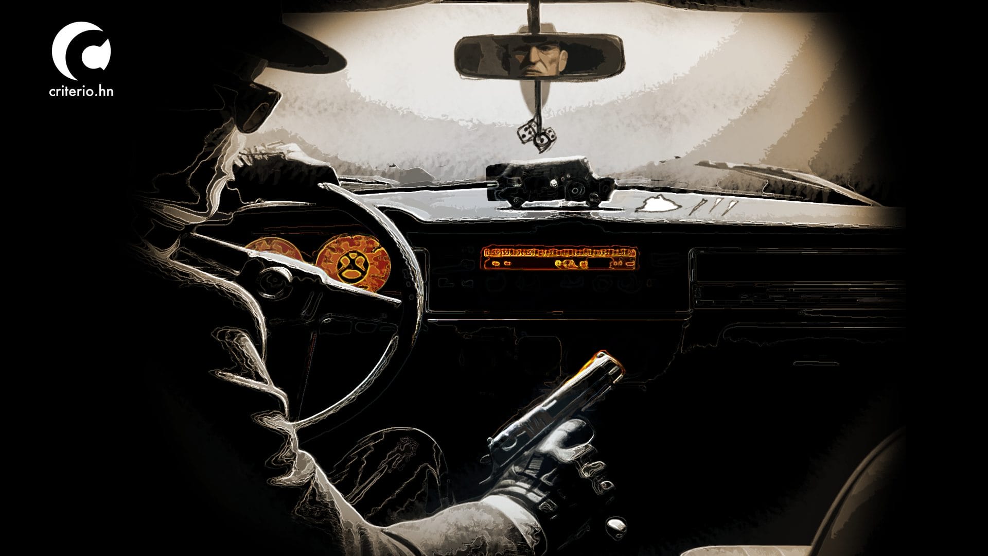 Ilustración de un hombre sosteniendo un arma dentro de un taxi